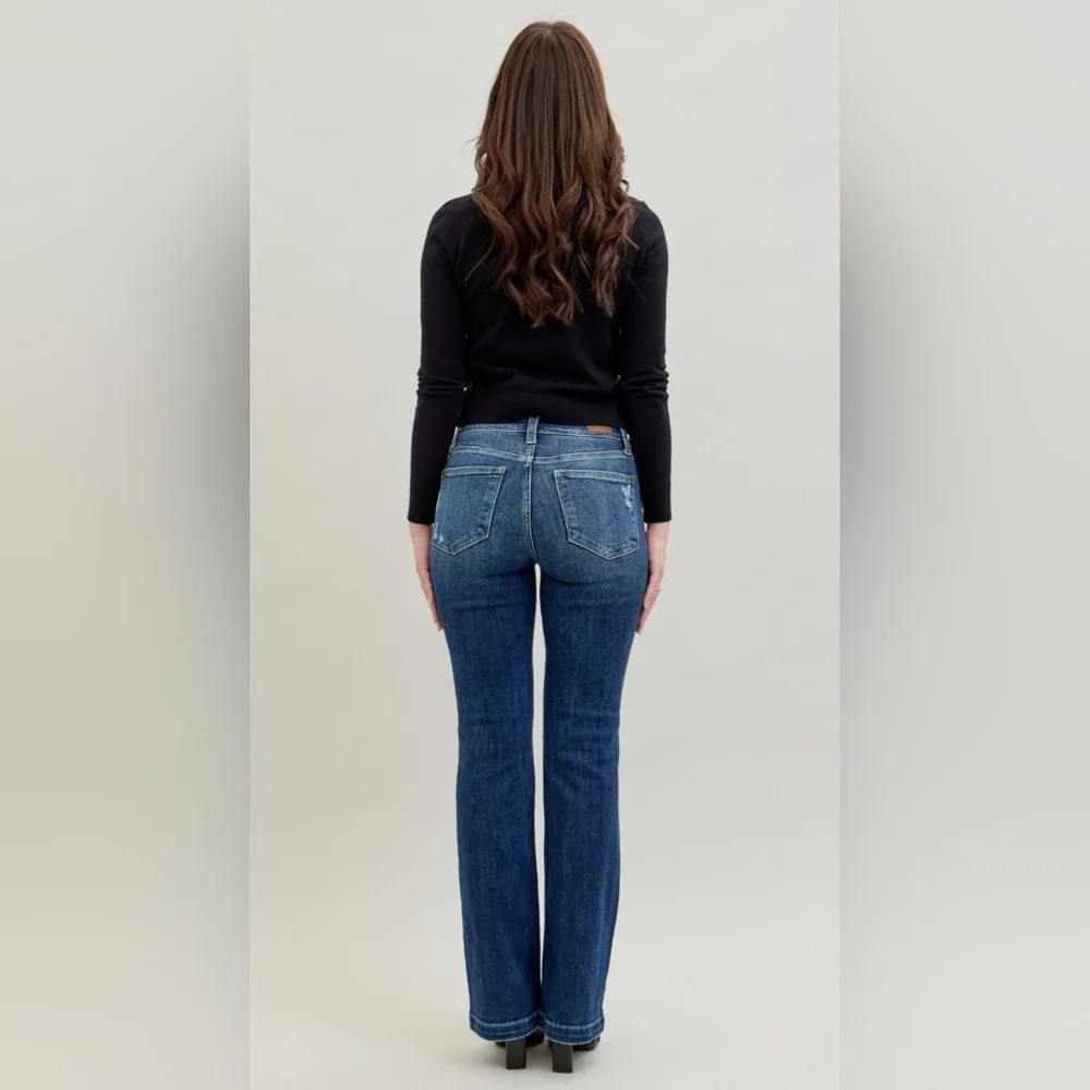Judy Blue Mid Rise Dark Wash Hand Sand Distressed Bootcut Denim Jeans 13/31 NEW - Picture 11 of 16
